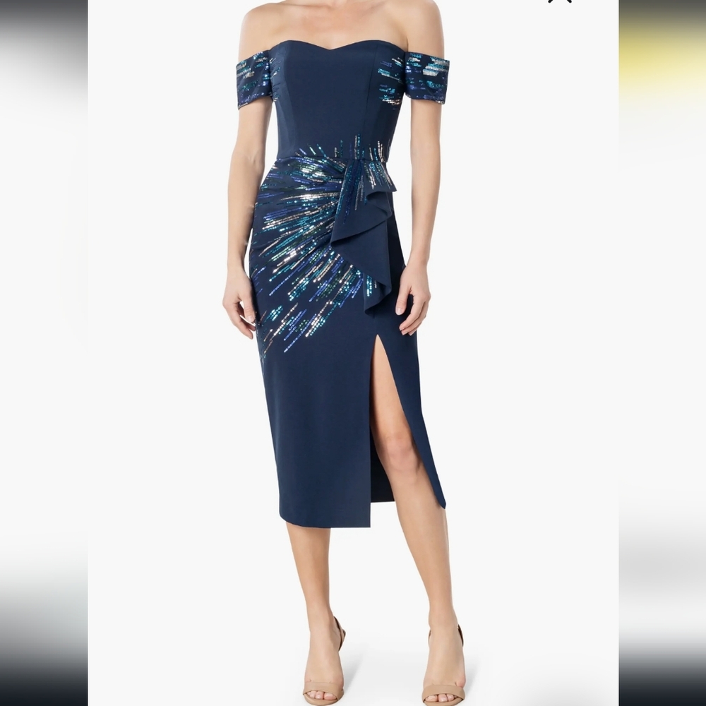 NWOT Alani Sequin Detail Off the Shoulder Midi Cocktail Dress